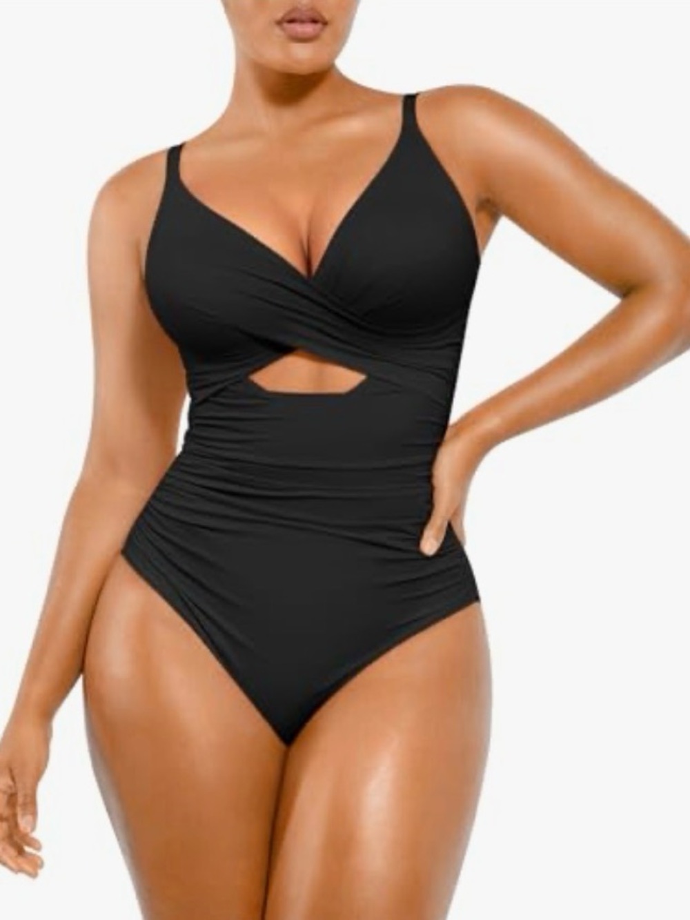 SHAPELLX Tummy Control Swimsuit 3XL Women V Neck Black One Piece Cutout Ruched
